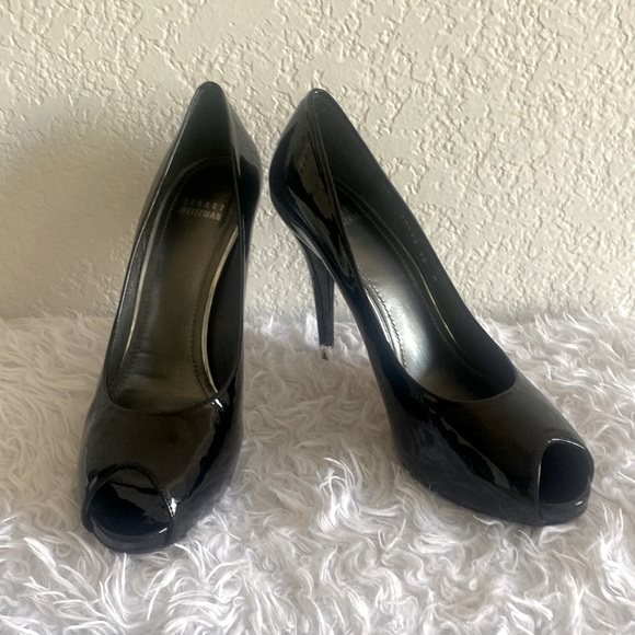NEW-STUART WEITZMAN BLACK PATENT LEATHER PEEP TOE PUMP - Picture 3 of 9